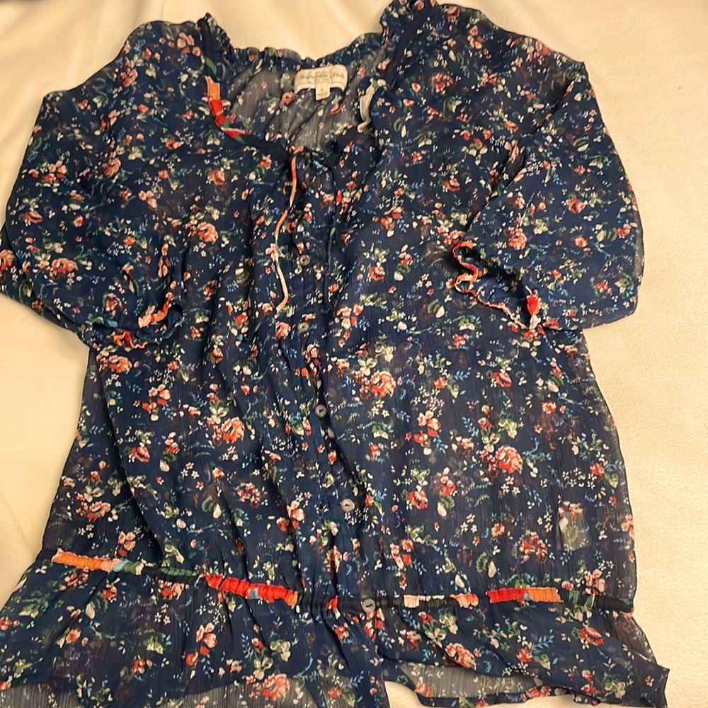 Abercrombie & Fitch Women Sheer 3/4 Sleeve Top Button Front Tie NeckDrop Waist L